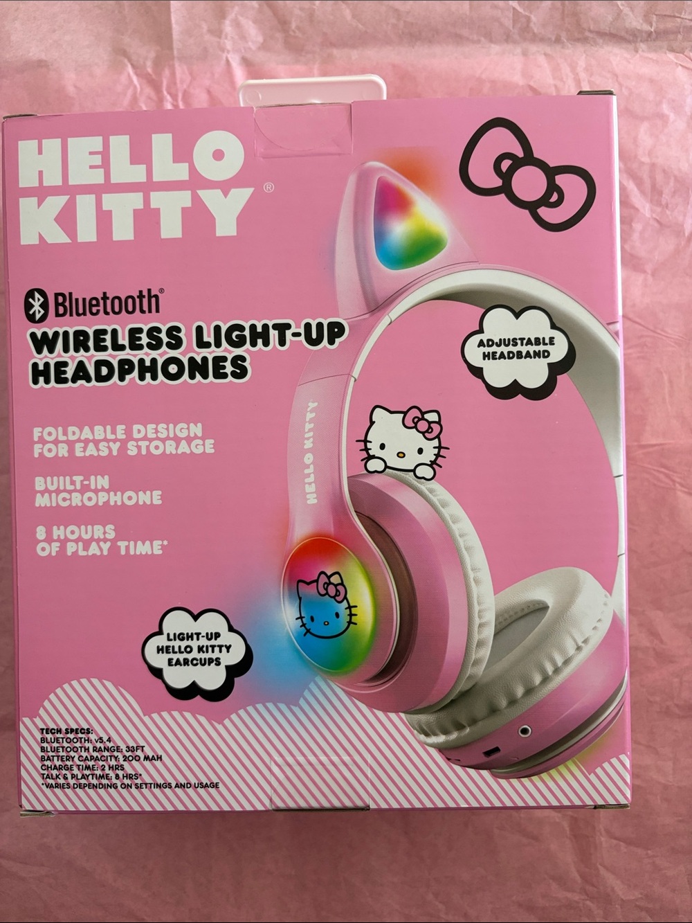 Hello Kitty Pink Wireless Bluetooth Light-Up Headphones with Rainbow Earcups
